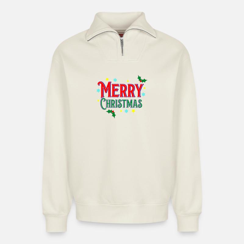 Joyeux Noël - Sweat unisexe décontracté en coton biologique à demi-zip – de SPREAD - blanc cassé