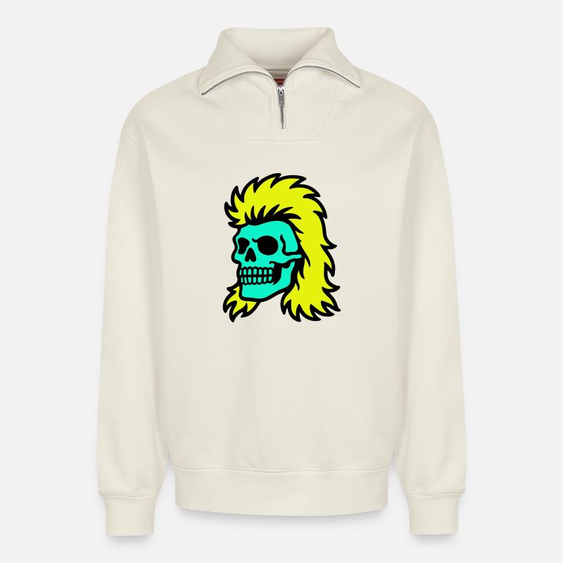 Vokuhila Skull - Relaxed Unisex Organic Half Zip Sweatshirt – von SPREAD - Naturweiß