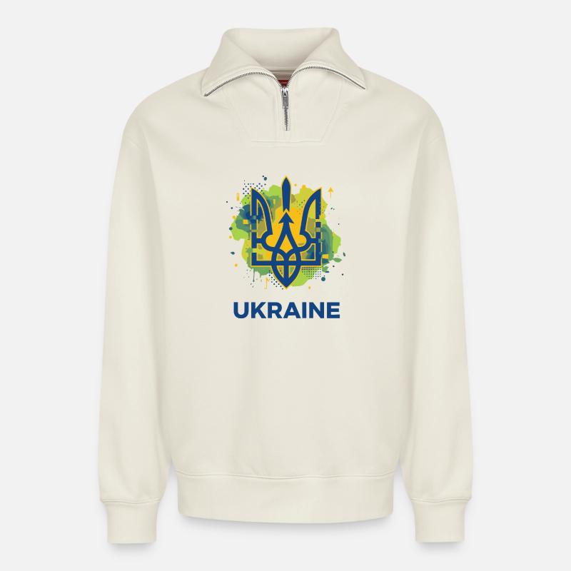 Ukrainian Trident Crest - Relaxed Unisex Organic Half Zip Sweatshirt – by SPREAD - off white