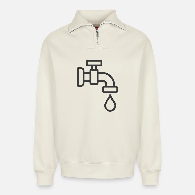 Wasserhahn mit Tröpfchensymbol - Relaxed Unisex Organic Half Zip Sweatshirt – von SPREAD - Naturweiß