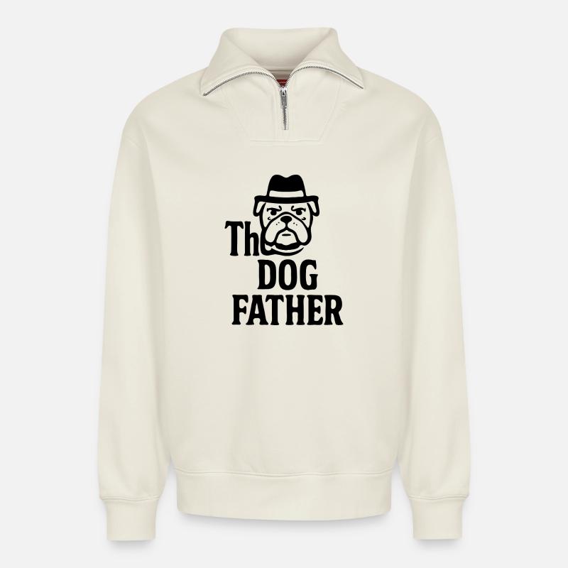 Das Maskottchen-Maskottchen-Design des Hundevaters Bulldoggenhuts - Relaxed Unisex Organic Half Zip Sweatshirt – von SPREAD - Naturweiß