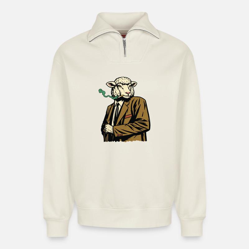 Schaf im Anzug mit Zigarette - Relaxed Unisex Organic Half Zip Sweatshirt – von SPREAD - Naturweiß