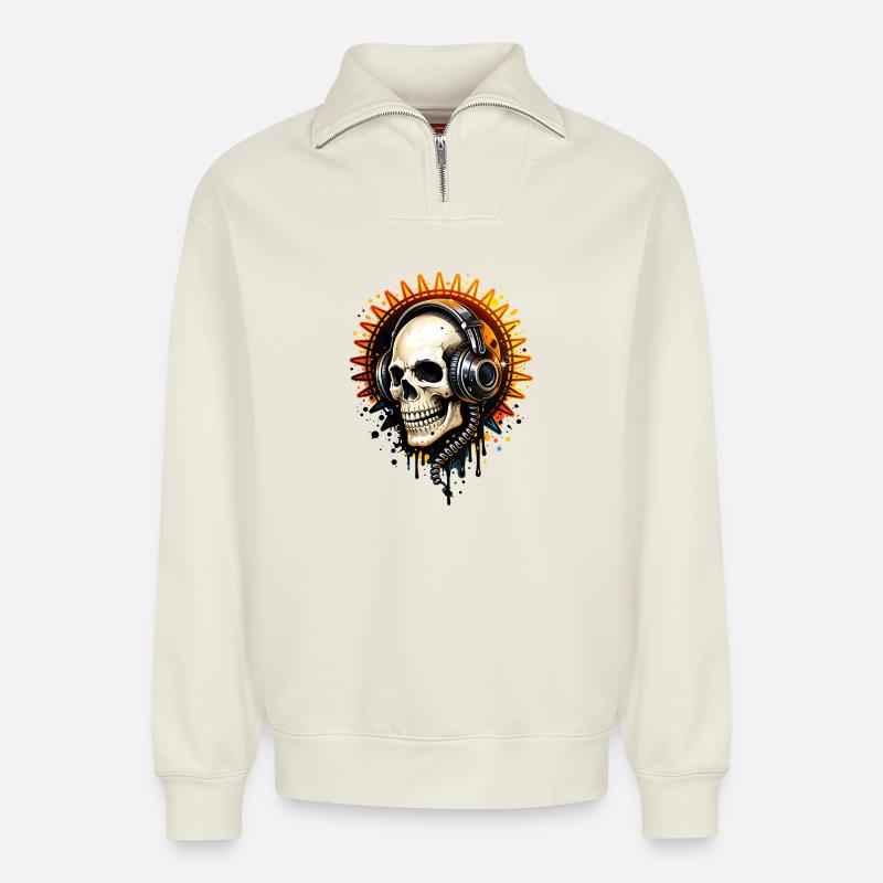 Illustration de crâne avec casque - Sweat unisexe décontracté en coton biologique à demi-zip – de SPREAD - blanc cassé