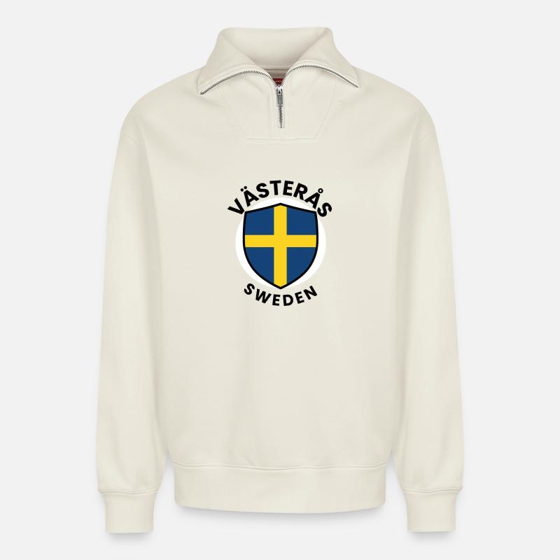 Schwedisches Flaggen-Schildemblem - Relaxed Unisex Organic Half Zip Sweatshirt – von SPREAD - Naturweiß