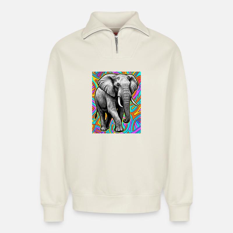 éléphant - Sweat unisexe décontracté en coton biologique à demi-zip – de SPREAD - blanc cassé