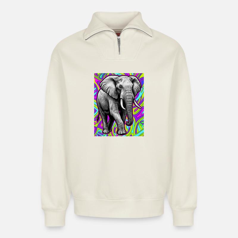 éléphant - Sweat unisexe décontracté en coton biologique à demi-zip – de SPREAD - blanc cassé