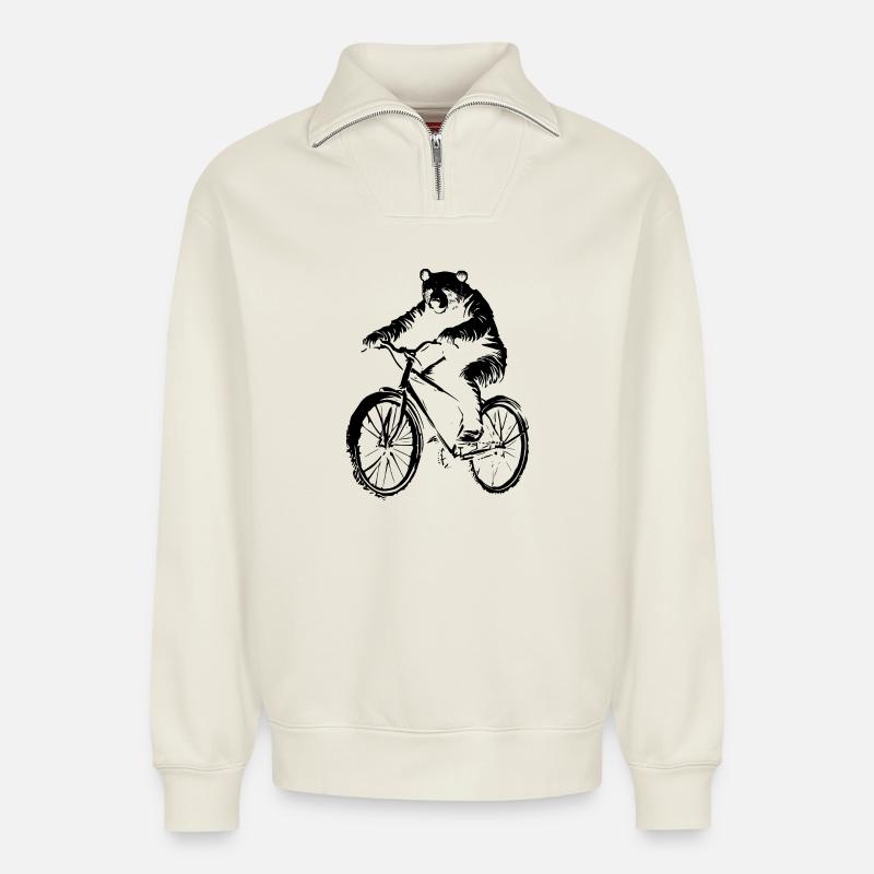 Bicycle Bear - Relaxed Unisex Organic Half Zip Sweatshirt – by SPREAD - off white