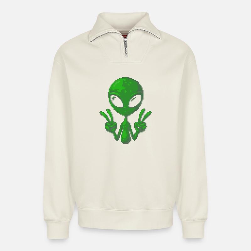 Pixel Alien Friedenszeichen - Relaxed Unisex Organic Half Zip Sweatshirt – von SPREAD - Naturweiß