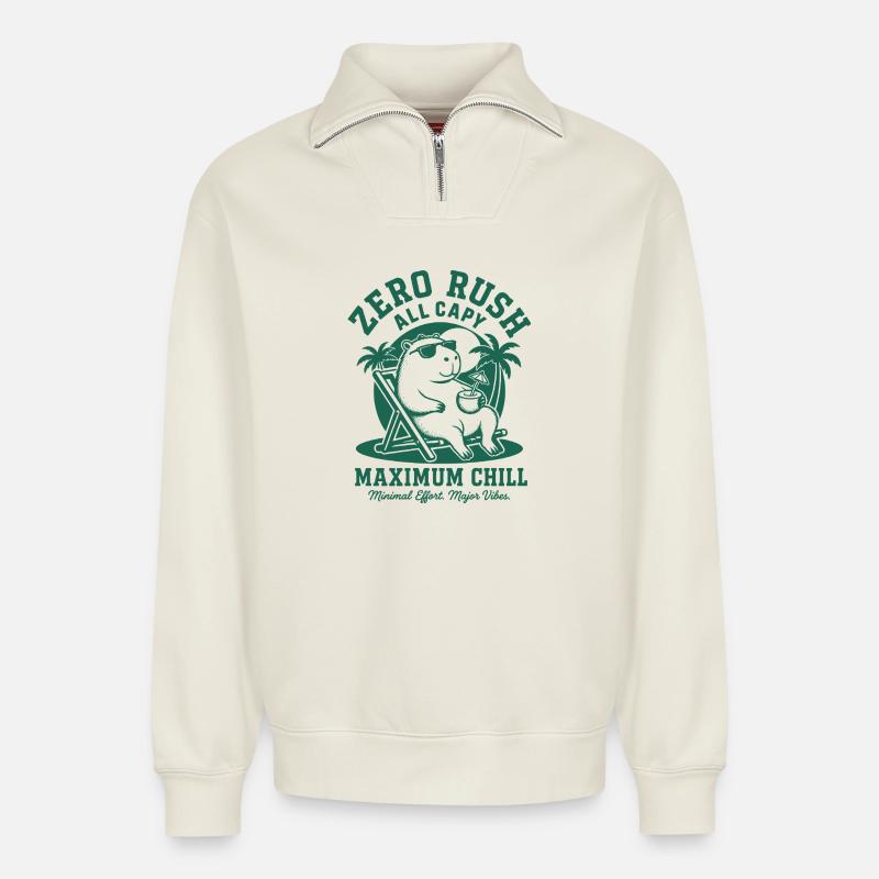Zero Rush Capybara Chill - Relaxed Unisex Organic Half Zip Sweatshirt – by SPREAD - off white