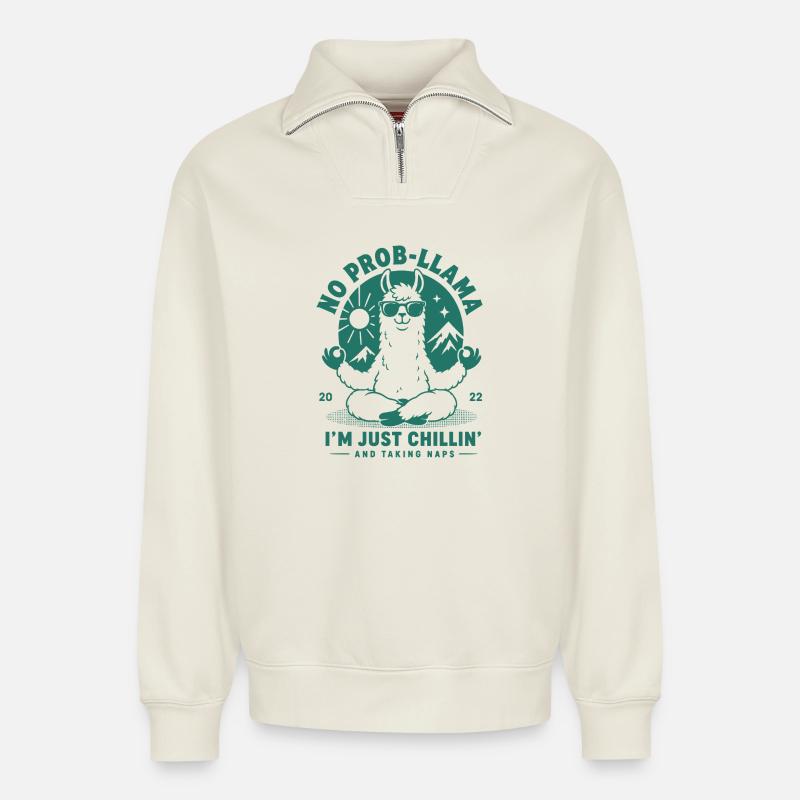 No Prob-Llama Just Chillin - Relaxed Unisex Organic Half Zip Sweatshirt – by SPREAD - off white
