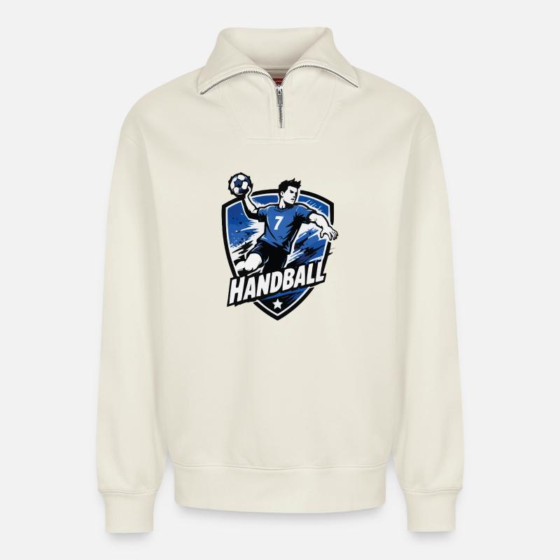 Handball Striker Blue Shield - Relaxed Unisex Organic Half Zip Sweatshirt – by SPREAD - off white