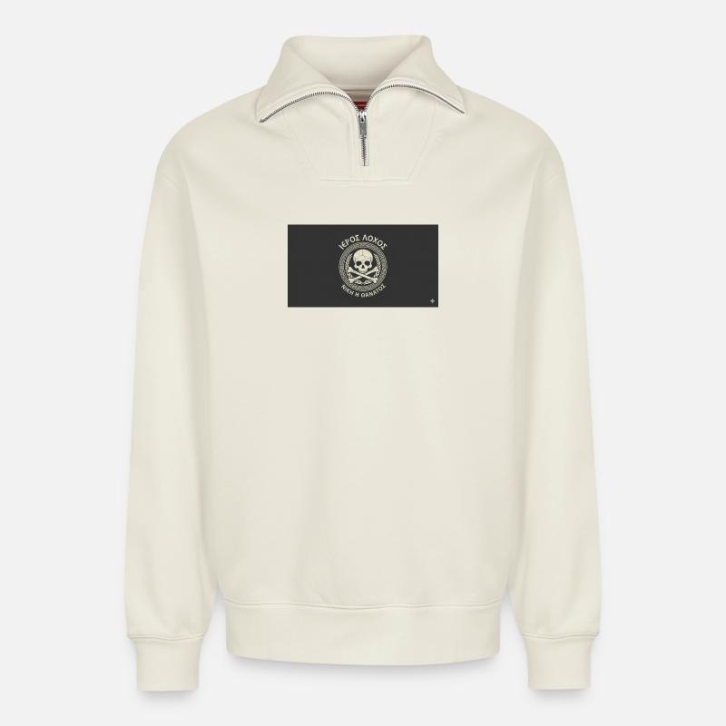 Schädel im Lorbeer Kreismuster - Relaxed Unisex Organic Half Zip Sweatshirt – von SPREAD - Naturweiß
