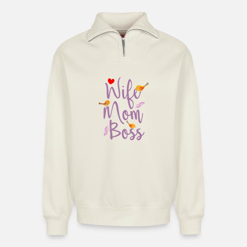 Frau Mutter Chef - Relaxed Unisex Organic Half Zip Sweatshirt – von SPREAD - Naturweiß