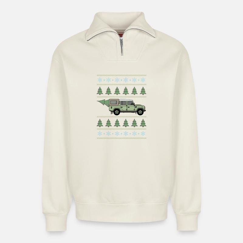 Defender Pickup - Tree - Relaxed Unisex Organic Half Zip Sweatshirt – by SPREAD - off white