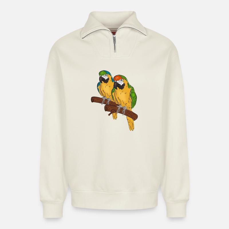 Papageien auf einem Ast - Relaxed Unisex Organic Half Zip Sweatshirt – von SPREAD - Naturweiß