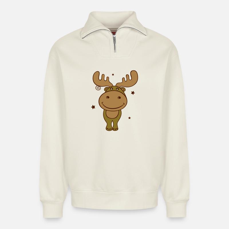 Elch mit Sternen - Relaxed Unisex Organic Half Zip Sweatshirt – von SPREAD - Naturweiß