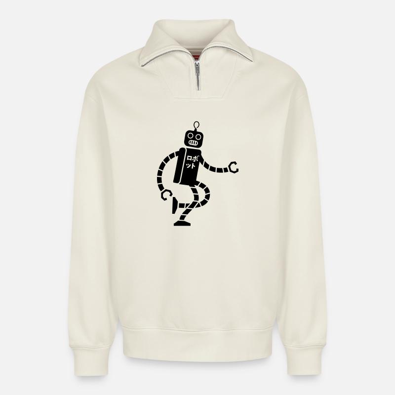 robot - Sweat unisexe décontracté en coton biologique à demi-zip – de SPREAD - blanc cassé