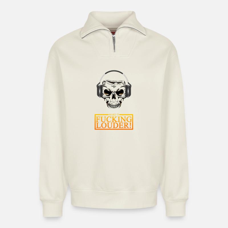 Skull Headphones Blast - Relaxed Unisex Organic Half Zip Sweatshirt – von SPREAD - Naturweiß