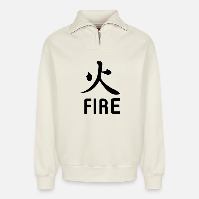 Feuer kanji mit Text - Relaxed Unisex Organic Half Zip Sweatshirt – von SPREAD - Naturweiß