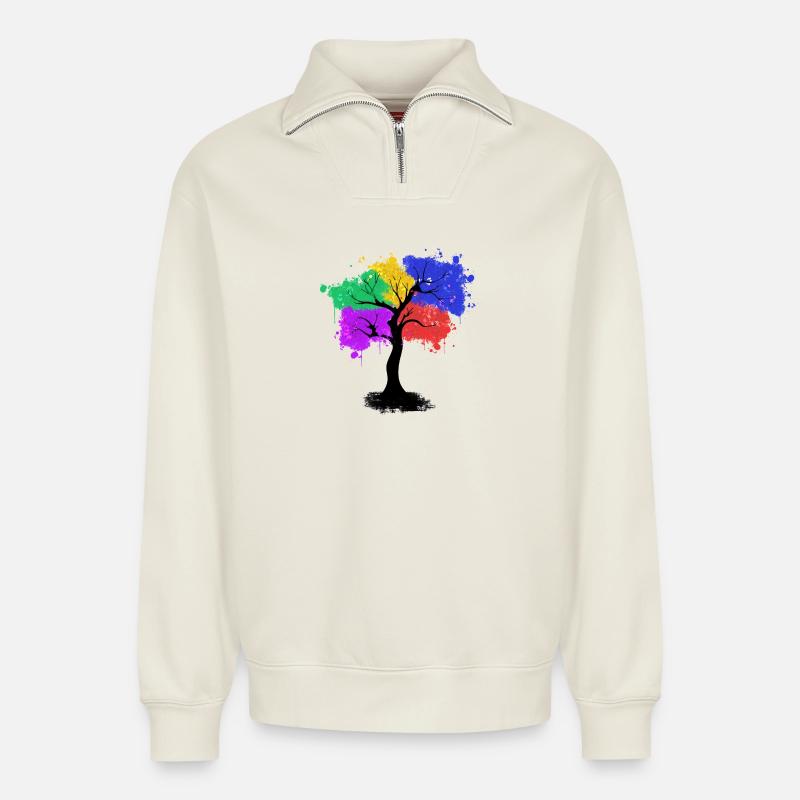 Farbbaum - Relaxed Unisex Organic Half Zip Sweatshirt – von SPREAD - Naturweiß