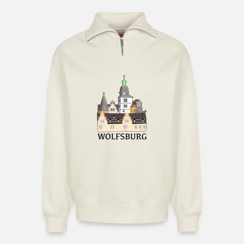 Wolfsburg, Château - Sweat unisexe décontracté en coton biologique à demi-zip – de SPREAD - blanc cassé