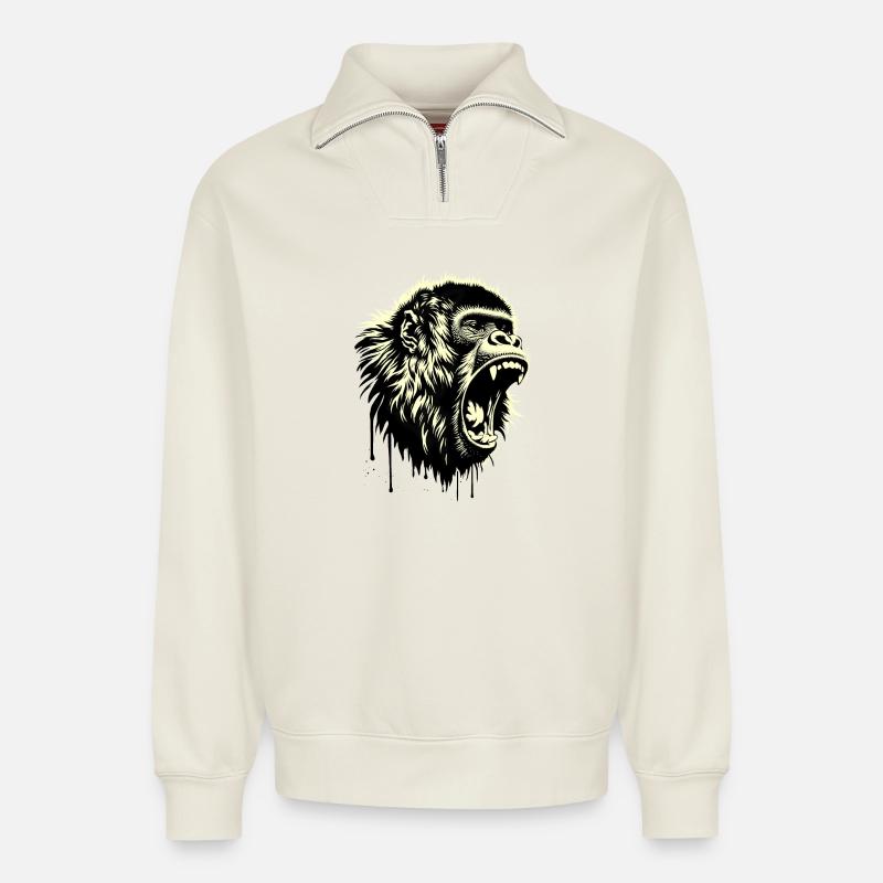 Auteur-compositeur-interprète Screaming Monkey - Sweat unisexe décontracté en coton biologique à demi-zip – de SPREAD - blanc cassé