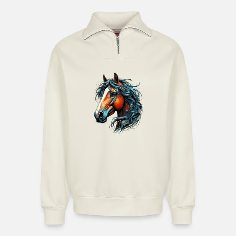 Cheval - Sweat unisexe décontracté en coton biologique à demi-zip – de SPREAD - blanc cassé