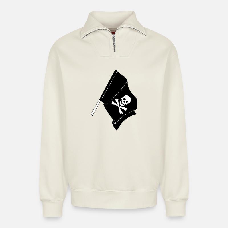 Drapeaux Pirates - Sweat unisexe décontracté en coton biologique à demi-zip – de SPREAD - blanc cassé