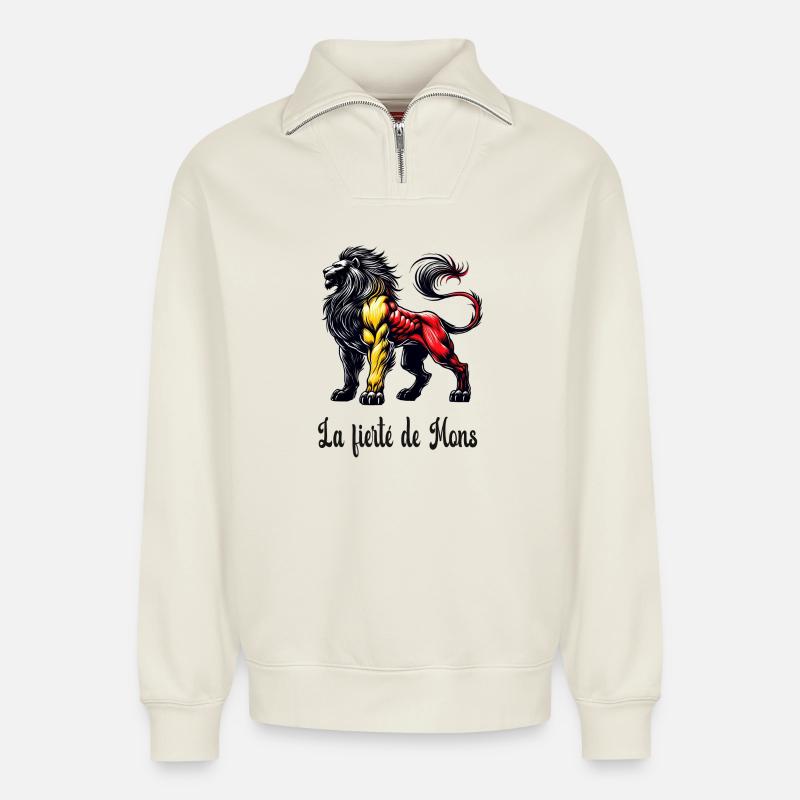 Mons Löwe Flaggen Design - Relaxed Unisex Organic Half Zip Sweatshirt – von SPREAD - Naturweiß