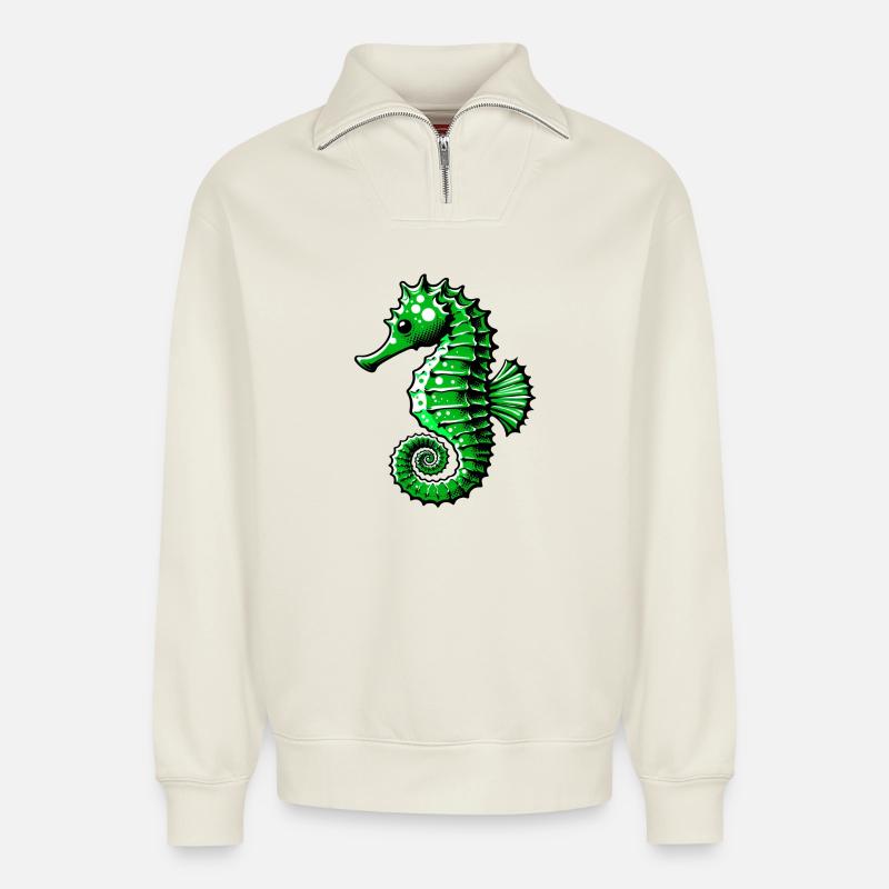 Hippocampe - Sweat unisexe décontracté en coton biologique à demi-zip – de SPREAD - blanc cassé