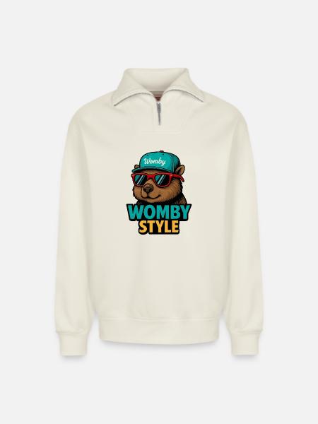 Womby Style Beaver with Sunglasses - Relaxed Unisex Organic Half Zip Sweatshirt – by SPREAD - off white