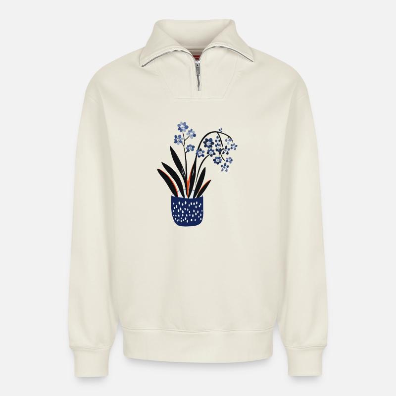 Niedliches Pflanzendesign - Relaxed Unisex Organic Half Zip Sweatshirt – von SPREAD - Naturweiß