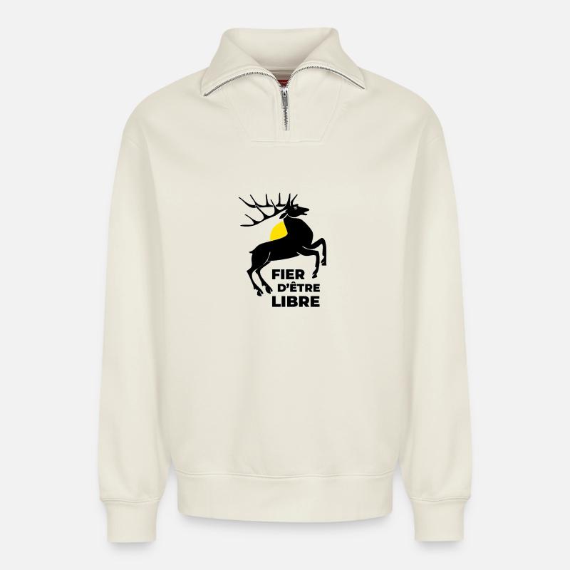 fier d'être libre - Sweat unisexe décontracté en coton biologique à demi-zip – de SPREAD - blanc cassé