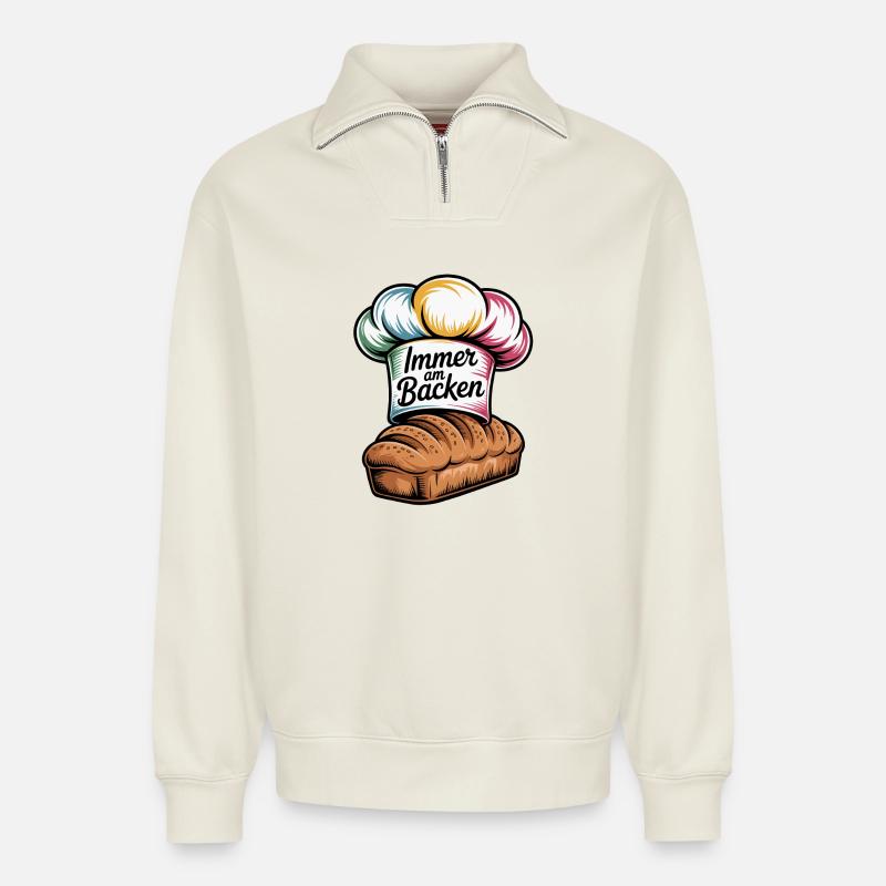 Backen Essen & Genuss Witz - Relaxed Unisex Organic Half Zip Sweatshirt – von SPREAD - Naturweiß