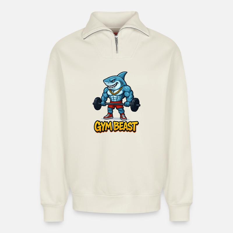 Muscles de requin, bodybuilder comique - Sweat unisexe décontracté en coton biologique à demi-zip – de SPREAD - blanc cassé