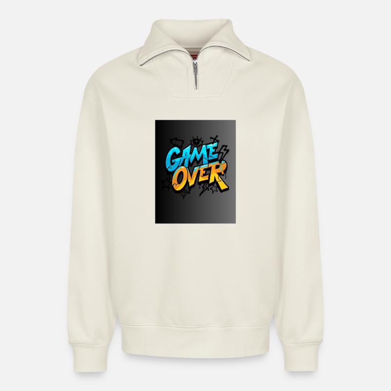 Graffiti Style Game Over Design - Sweat unisexe décontracté en coton biologique à demi-zip – de SPREAD - blanc cassé
