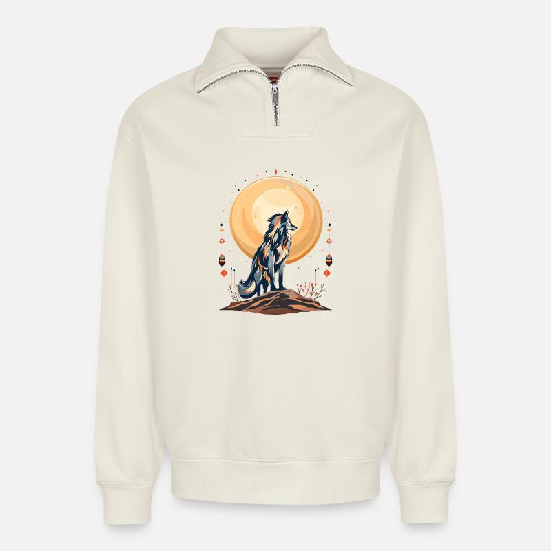 Boho Wolf - Relaxed Unisex Organic Half Zip Sweatshirt – by SPREAD - off white