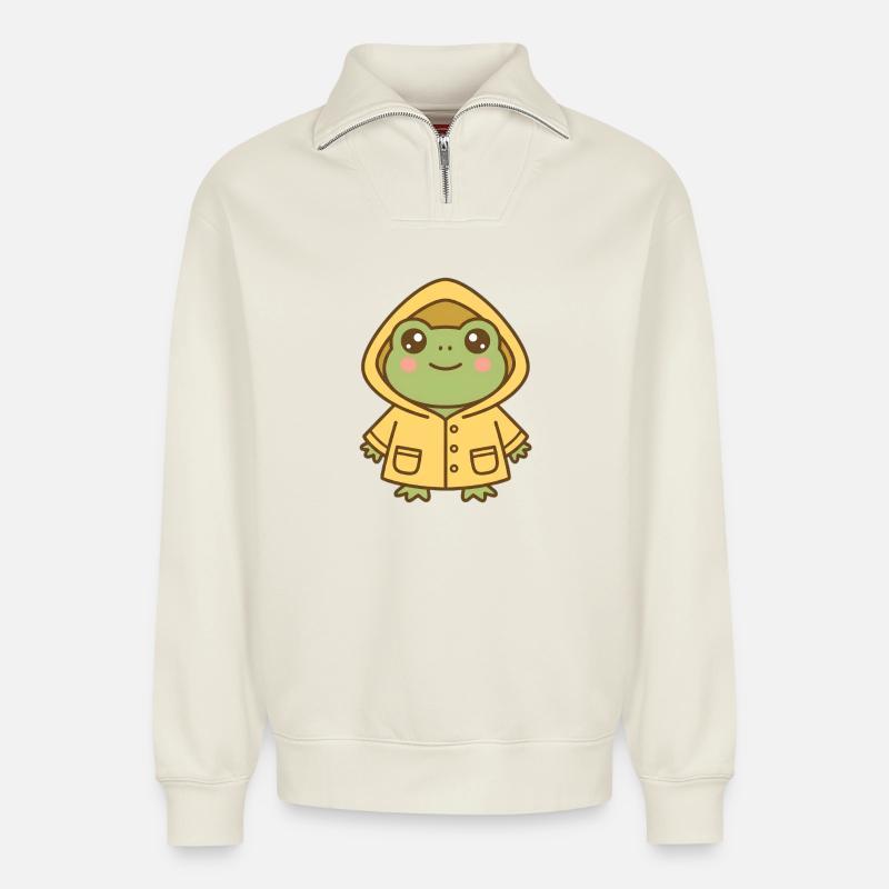 Grenouille avec imperméable - Sweat unisexe décontracté en coton biologique à demi-zip – de SPREAD - blanc cassé