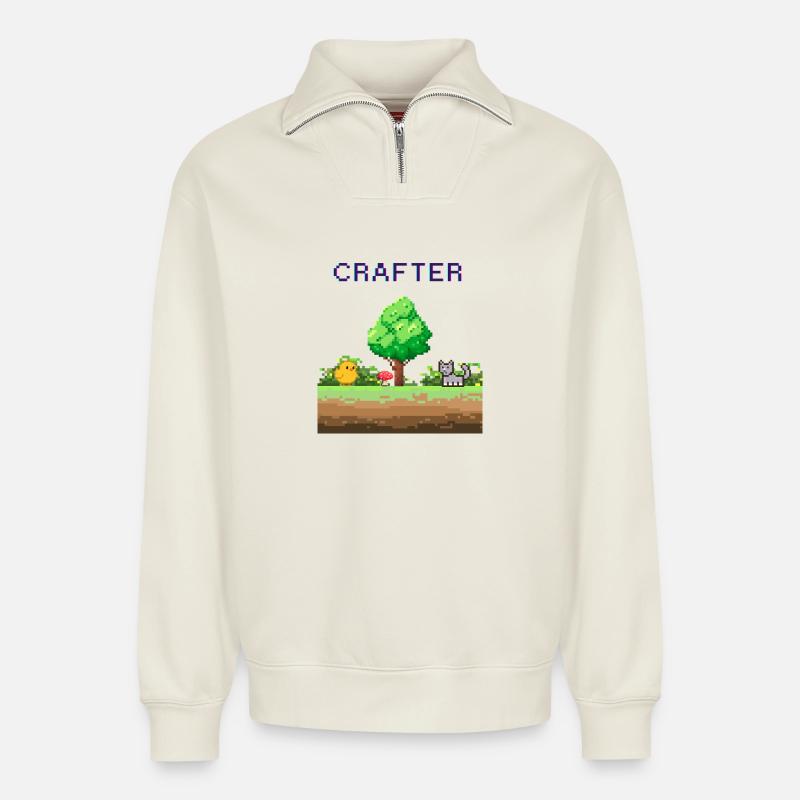 Pixel Crafter Waldabenteuer - Relaxed Unisex Organic Half Zip Sweatshirt – von SPREAD - Naturweiß
