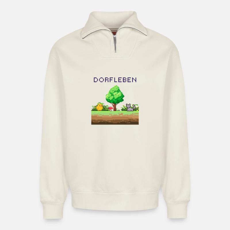Dorflleben Pixelwelt - Relaxed Unisex Organic Half Zip Sweatshirt – von SPREAD - Naturweiß