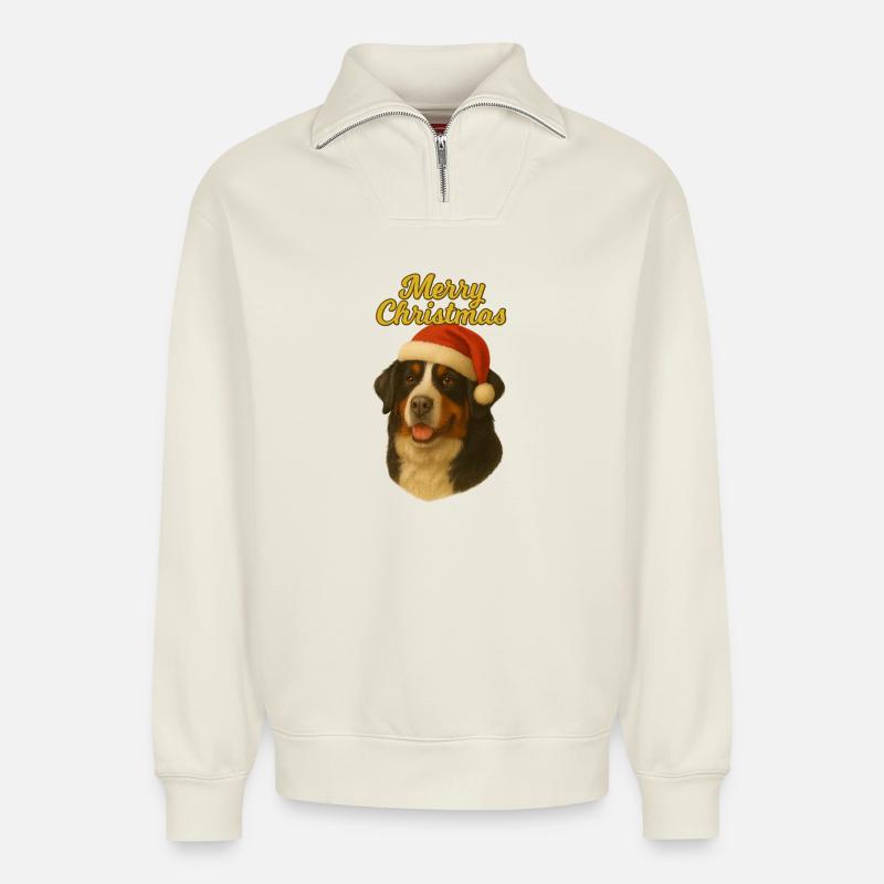 Berner Sennenhund Merry Christmas Pullover - Relaxed Unisex Organic Half Zip Sweatshirt – von SPREAD - Naturweiß