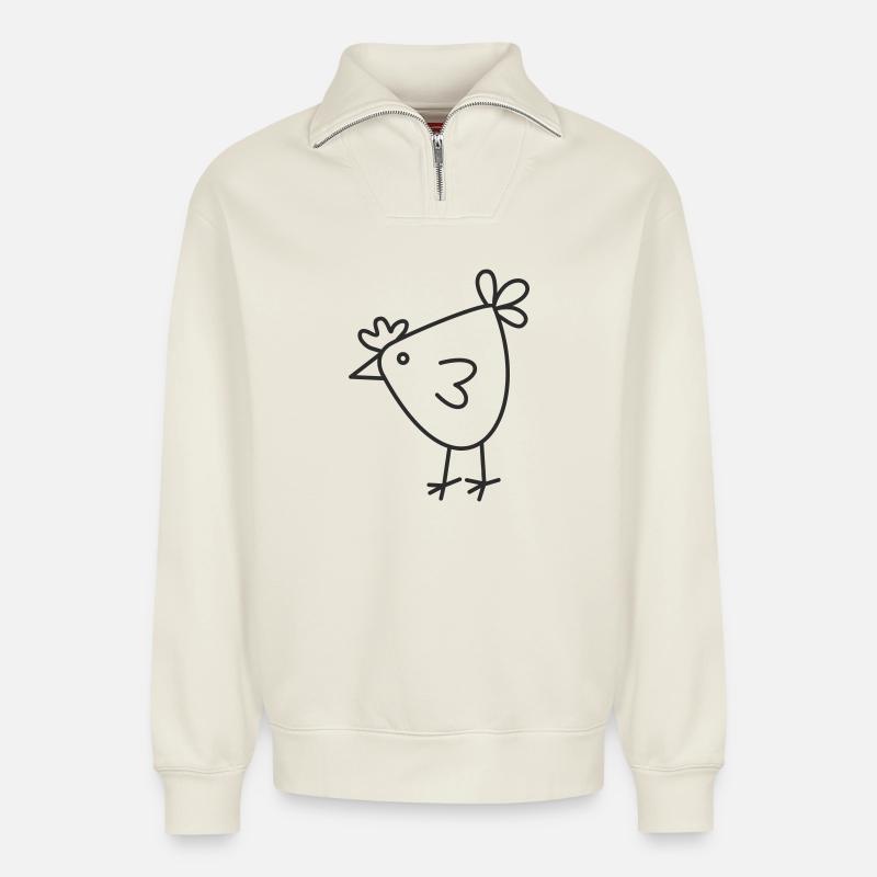 Dessin animé Joyeuse Poule - Sweat unisexe décontracté en coton biologique à demi-zip – de SPREAD - blanc cassé
