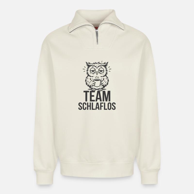 Équipe Insomniaque – Hibou Fatigué - Sweat unisexe décontracté en coton biologique à demi-zip – de SPREAD - blanc cassé