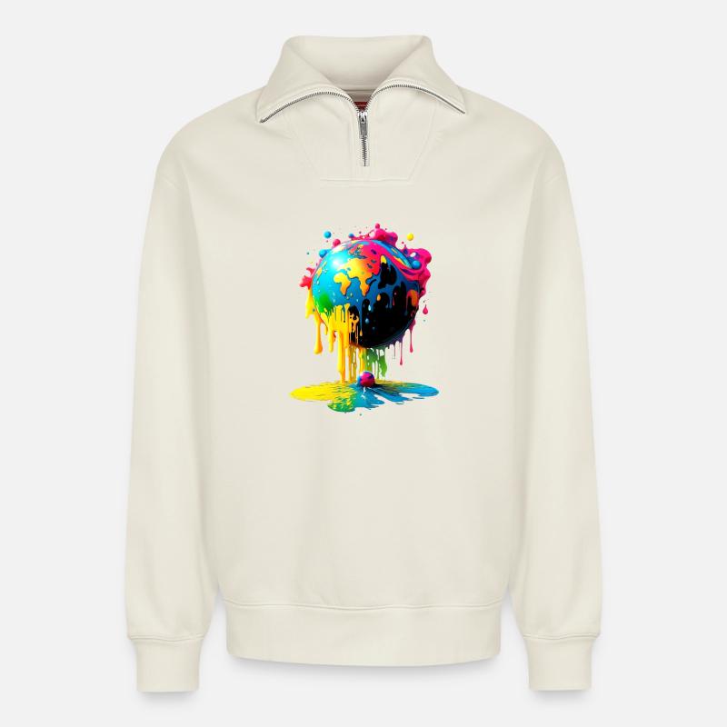 Globe - Earth - Globe - Relaxed Unisex Organic Half Zip Sweatshirt – by SPREAD - off white