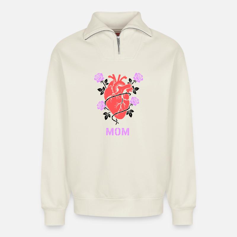 Anatomisches Herz Rosen Mom - Relaxed Unisex Organic Half Zip Sweatshirt – von SPREAD - Naturweiß
