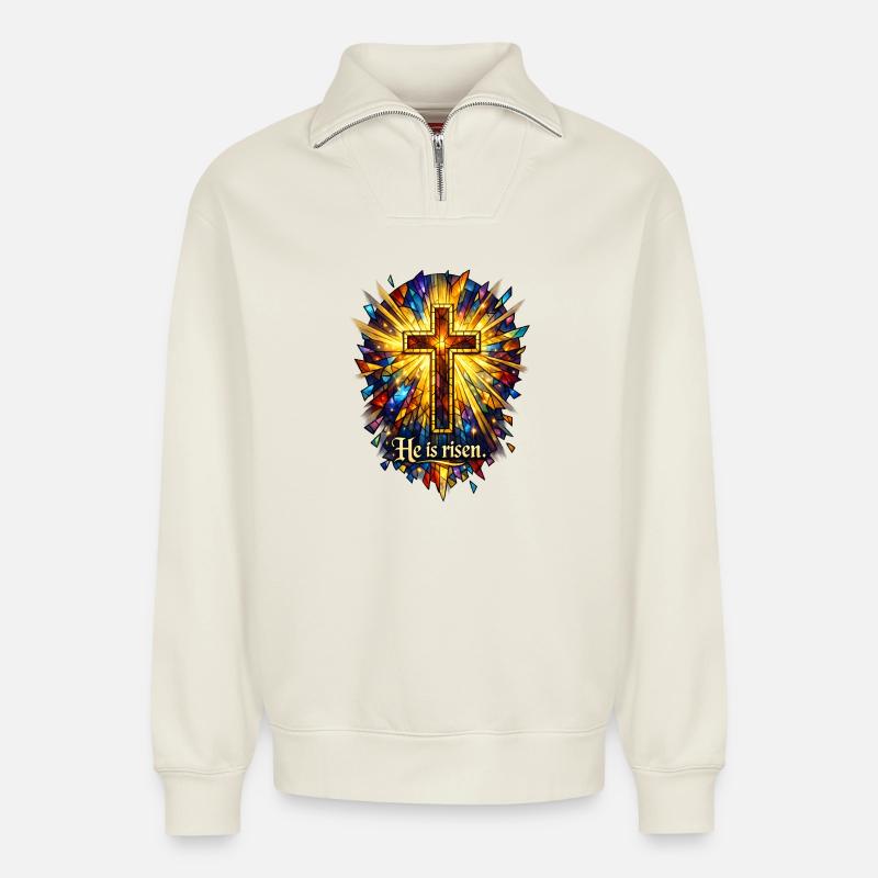 he is risen - Relaxed Unisex Organic Half Zip Sweatshirt – by SPREAD - off white