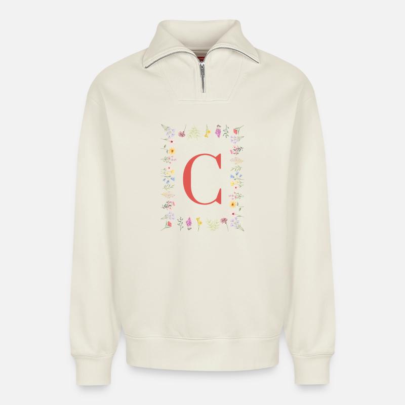 Florale Initialen "C", Buchstaben Monogramm  - Relaxed Unisex Organic Half Zip Sweatshirt – von SPREAD - Naturweiß