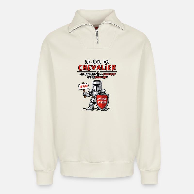 Le jeu du chevalier - Sweat unisexe décontracté en coton biologique à demi-zip – de SPREAD - blanc cassé