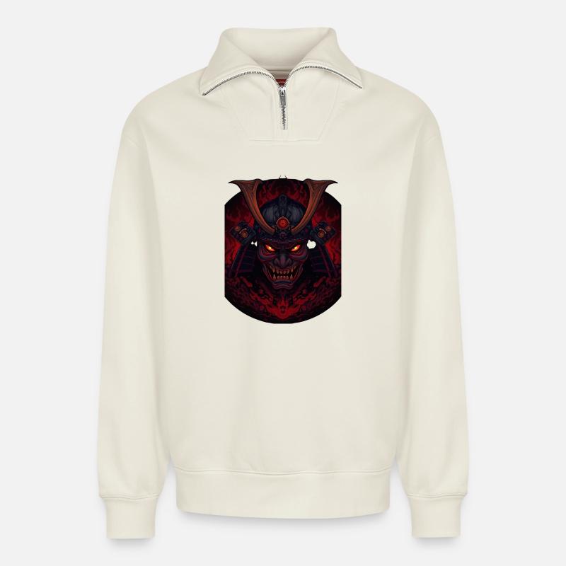 Dämonen-Samourai - Relaxed Unisex Organic Half Zip Sweatshirt – von SPREAD - Naturweiß