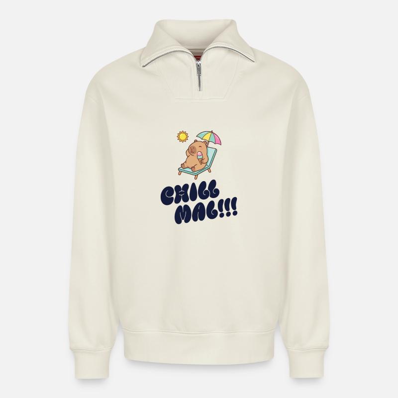 Sonnenbär am Strand mit Eis - Relaxed Unisex Organic Half Zip Sweatshirt – von SPREAD - Naturweiß